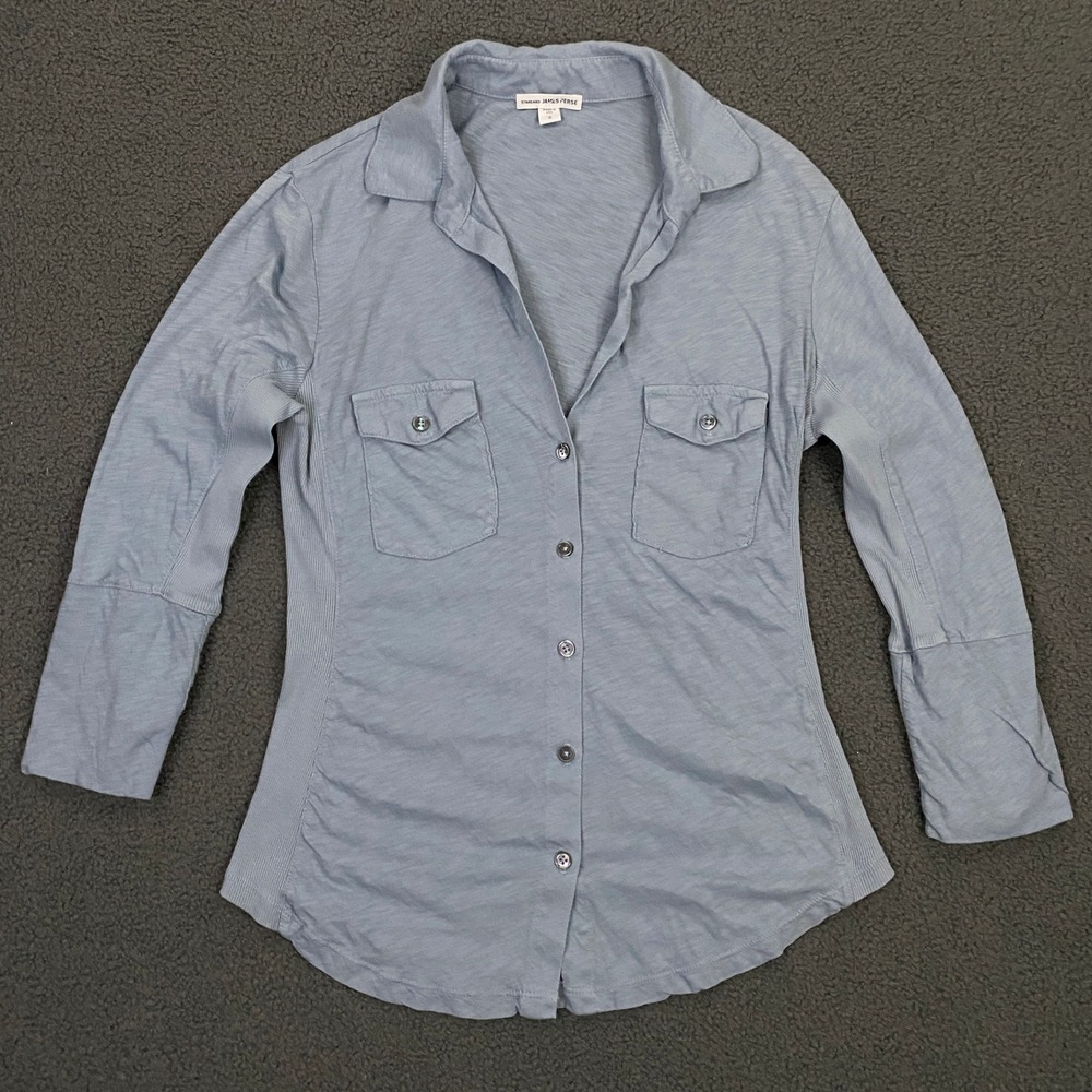James Perse Top Womens Medium, 2 Blue Button Up Slub Cotton Panel